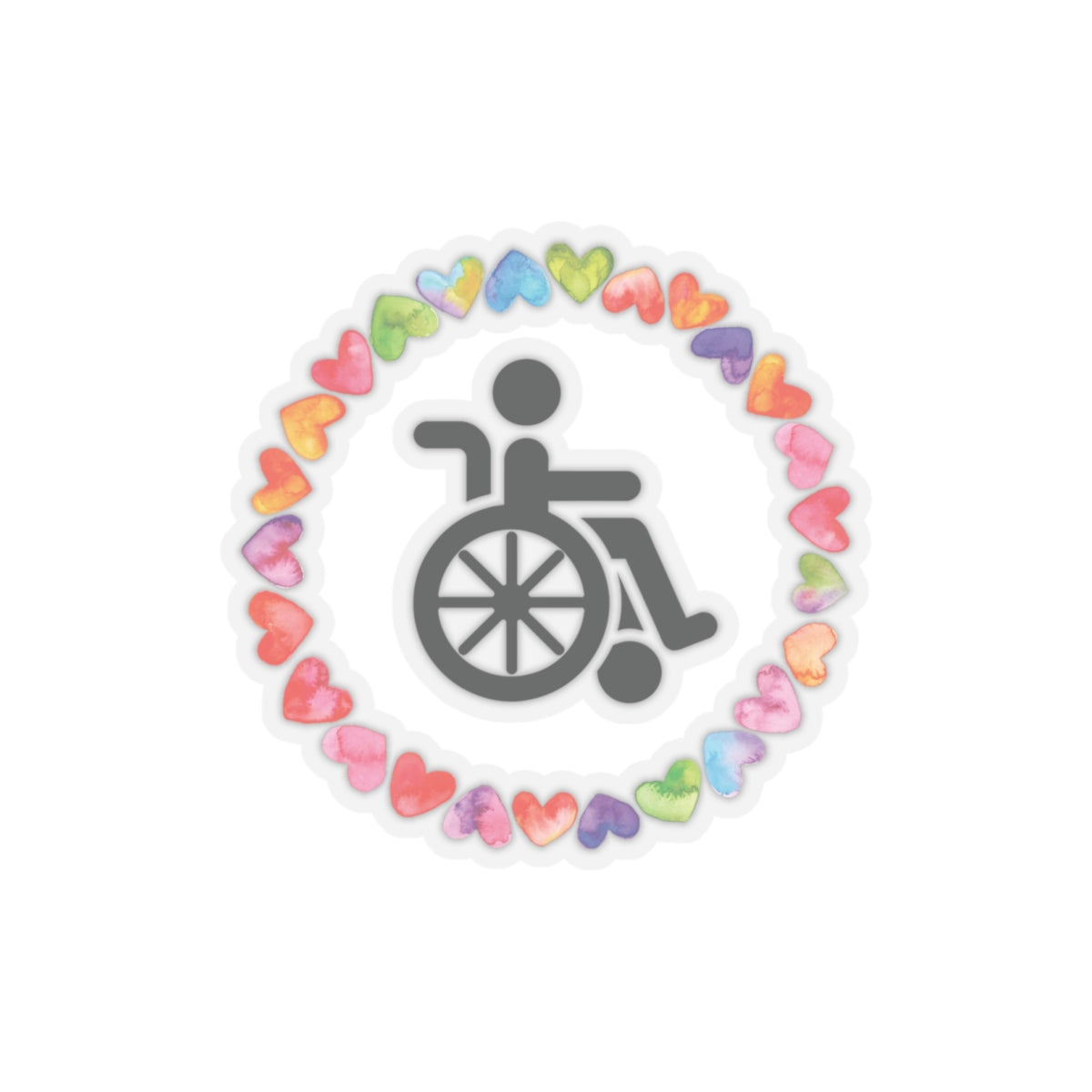Accessibility Pride Wheelchair Sticker — Rainbow Heart Kiss-Cut Decal