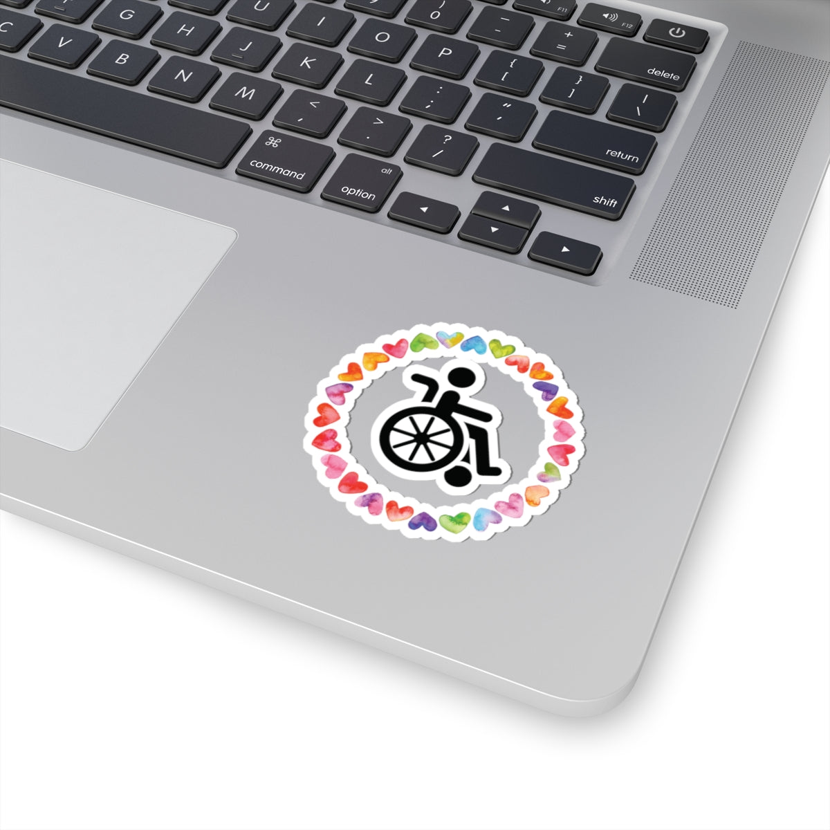 Accessibility Pride Wheelchair Sticker — Rainbow Heart Kiss-Cut Decal