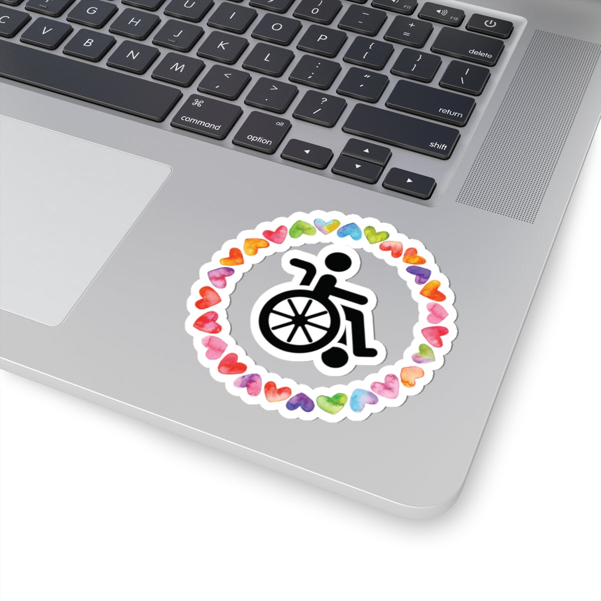Accessibility Pride Wheelchair Sticker — Rainbow Heart Kiss-Cut Decal