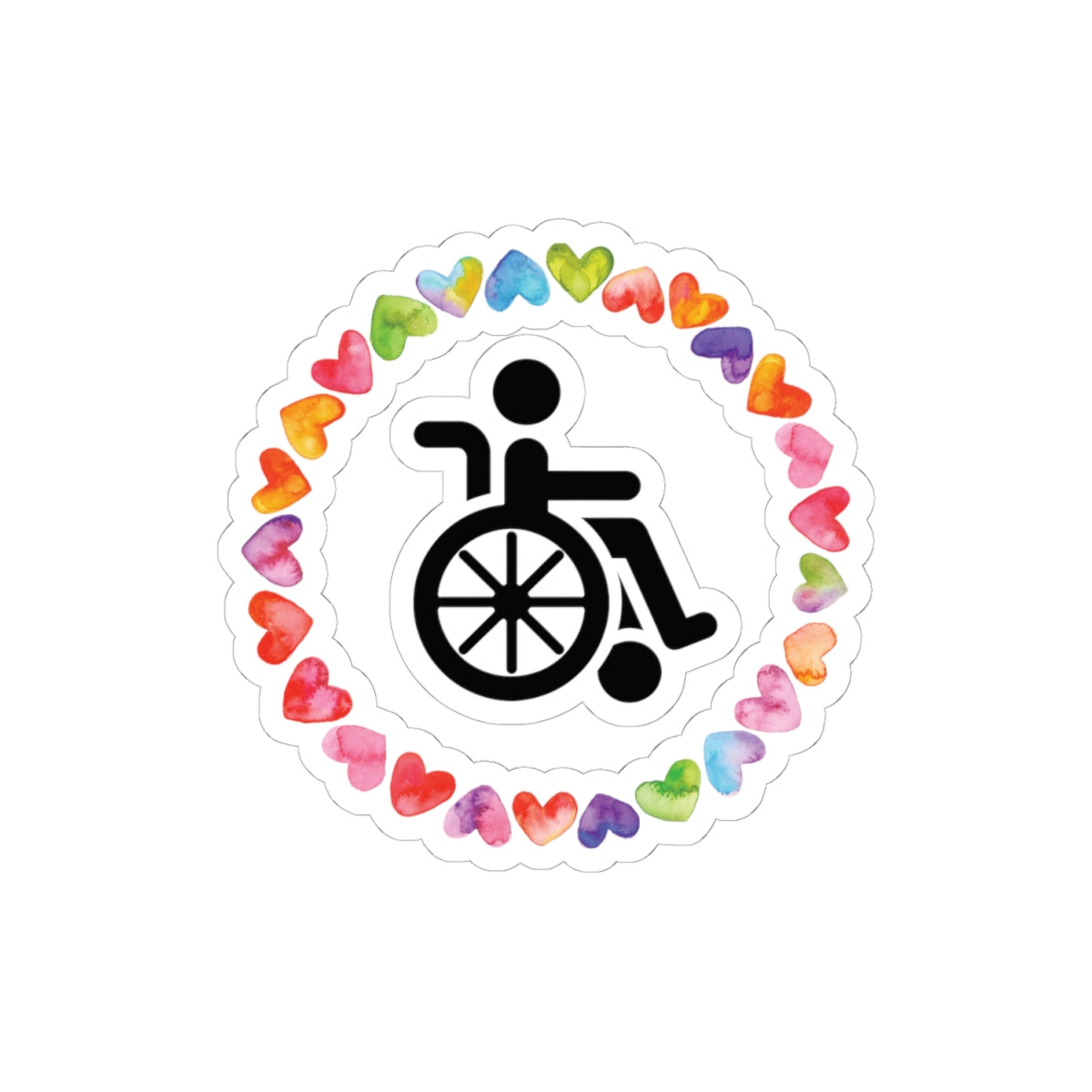 Accessibility Pride Wheelchair Sticker — Rainbow Heart Kiss-Cut Decal