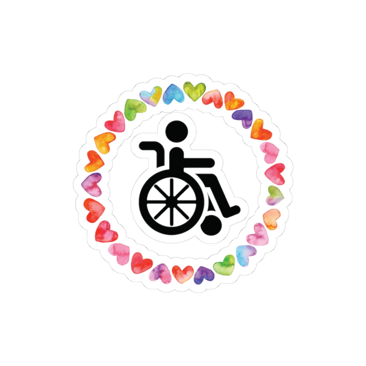 Accessibility Pride Wheelchair Sticker — Rainbow Heart Kiss-Cut Decal