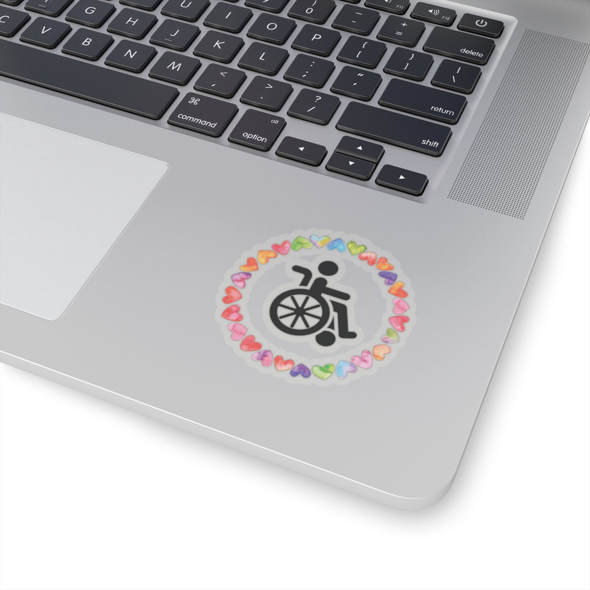 Accessibility Pride Wheelchair Sticker — Rainbow Heart Kiss-Cut Decal
