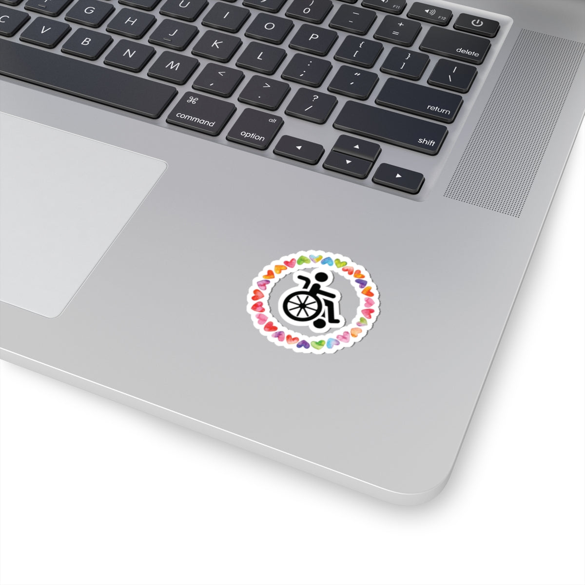 Accessibility Pride Wheelchair Sticker — Rainbow Heart Kiss-Cut Decal
