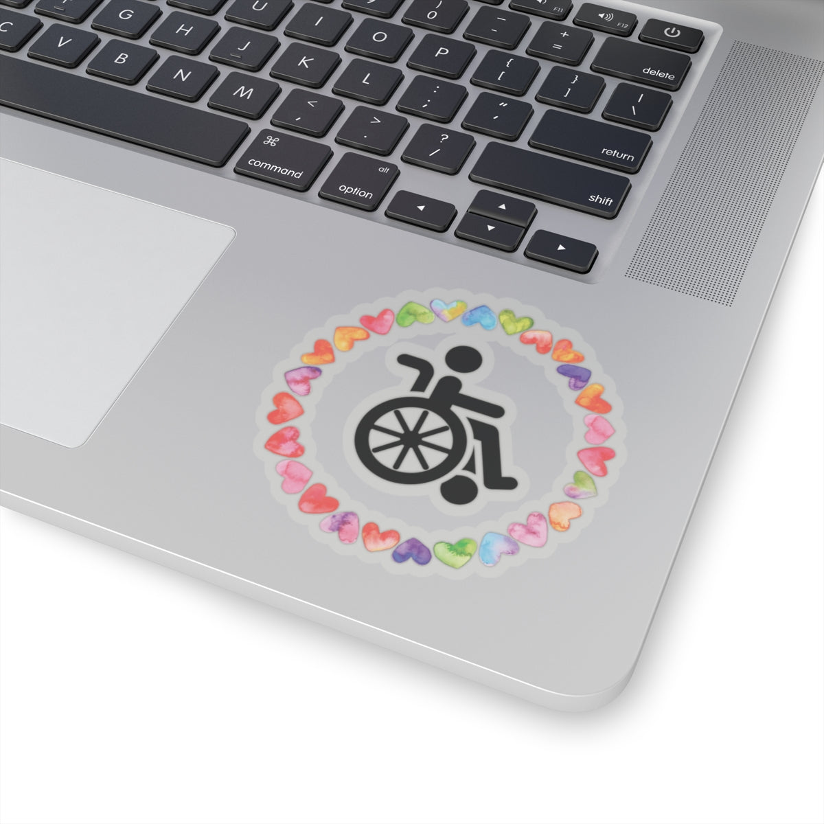 Accessibility Pride Wheelchair Sticker — Rainbow Heart Kiss-Cut Decal