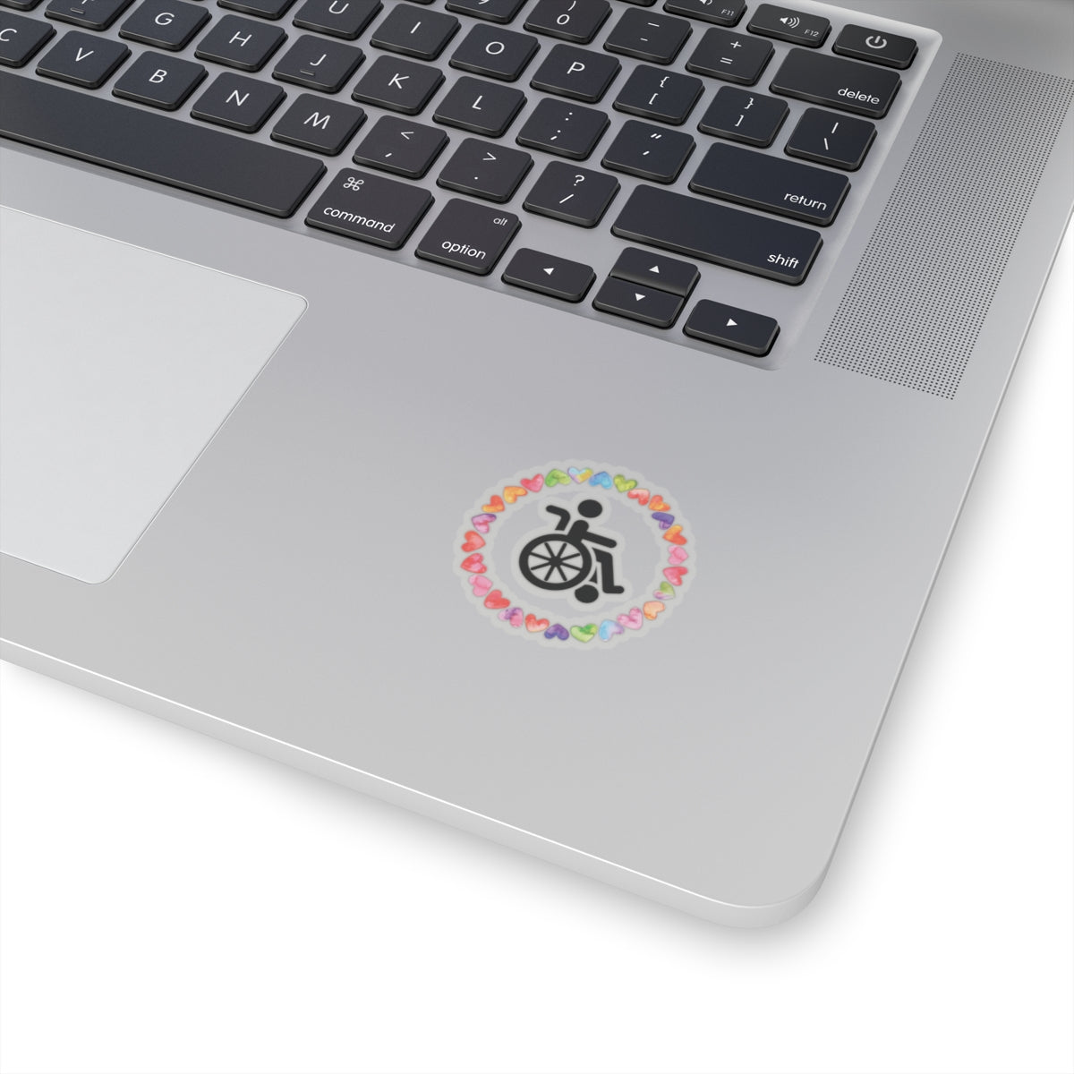 Accessibility Pride Wheelchair Sticker — Rainbow Heart Kiss-Cut Decal